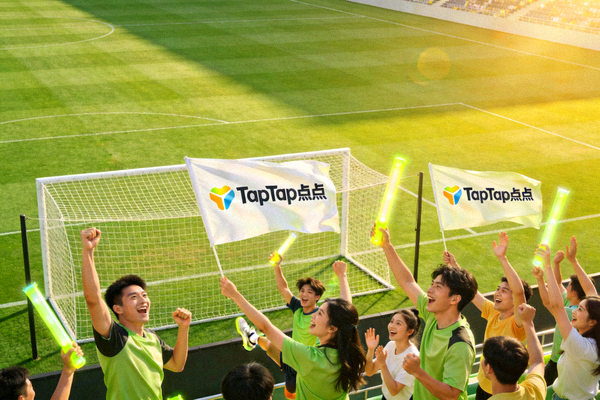 TapTap点点品牌形象图 - 足球场与球迷欢呼的体育氛围场景
